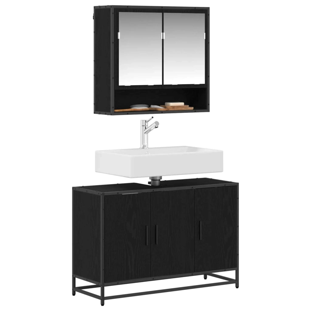 Set di mobili per il Bagno | Armadio da bagno 2 pz Rovere Nero Legno multistrato