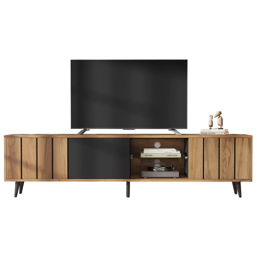Mobile TV 175x31.5x45 cm con 3 ante e ripiano centrale in vetro temperato; truciolare naturale e nero