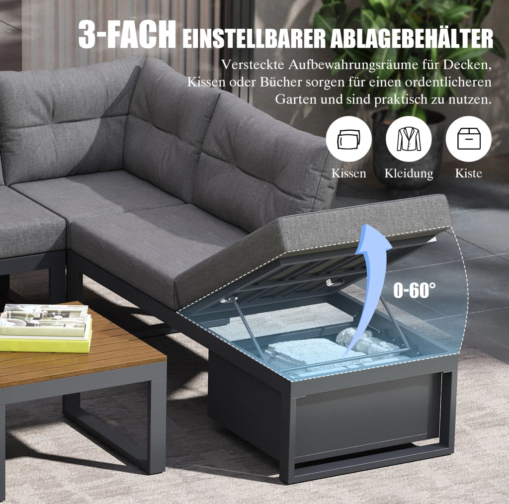 Set divano da esterno modulare con schienale regolabile a 3 livelli e contenitore; grigio