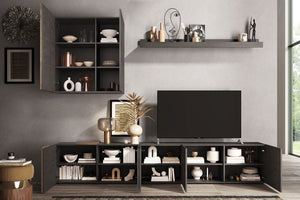 Parete Attrezzata Design Contemporaneo 301x44x195 cm Mobile TV e Pensile Titanio e Noce Mercure