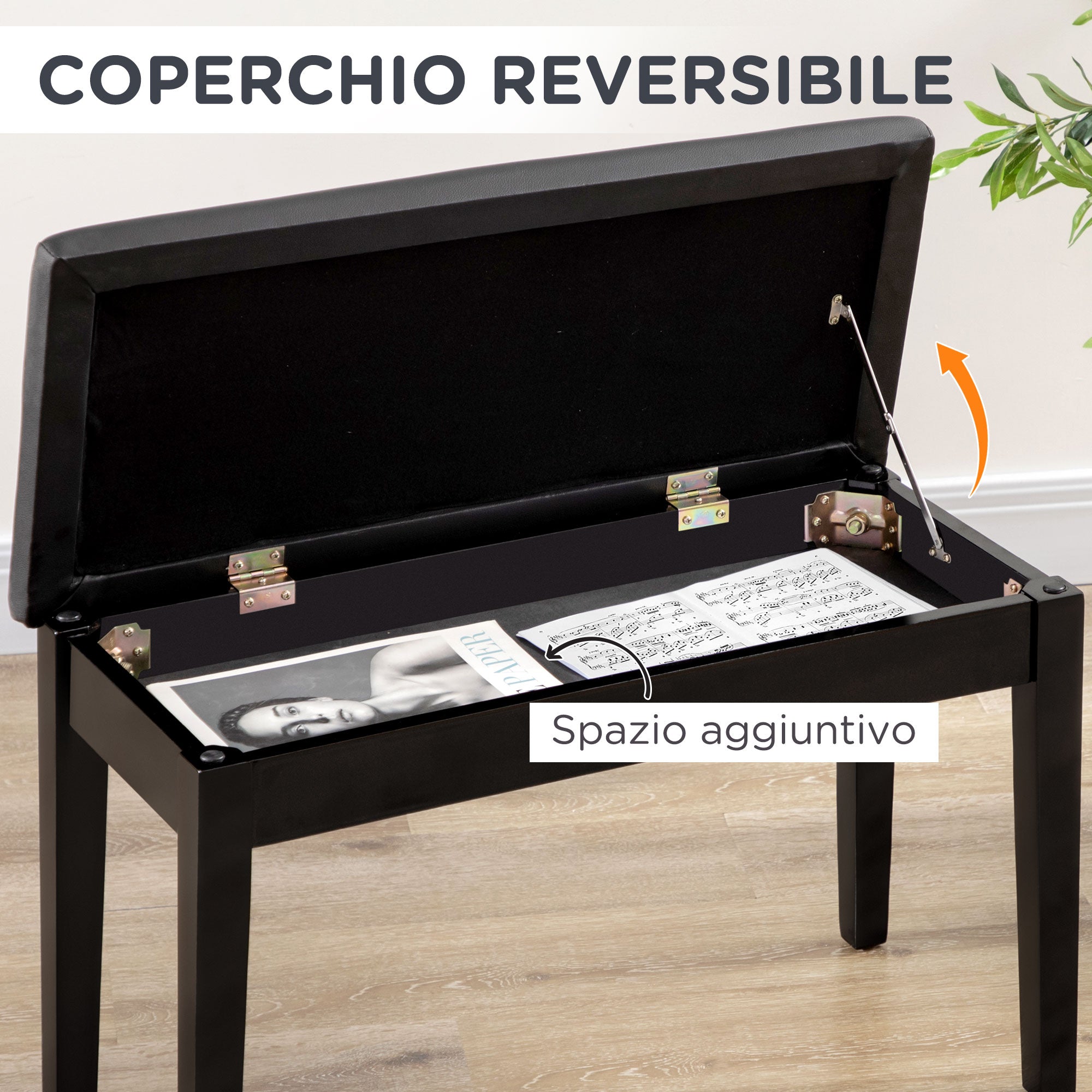 Sgabello per Pianoforte con Contenitore 75x35x49cm  in Legno e Finta Pelle Nero