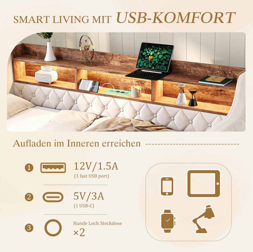 Divano letto estraibile 90x190 cm in velluto beige con LED; USB-C e contenitore