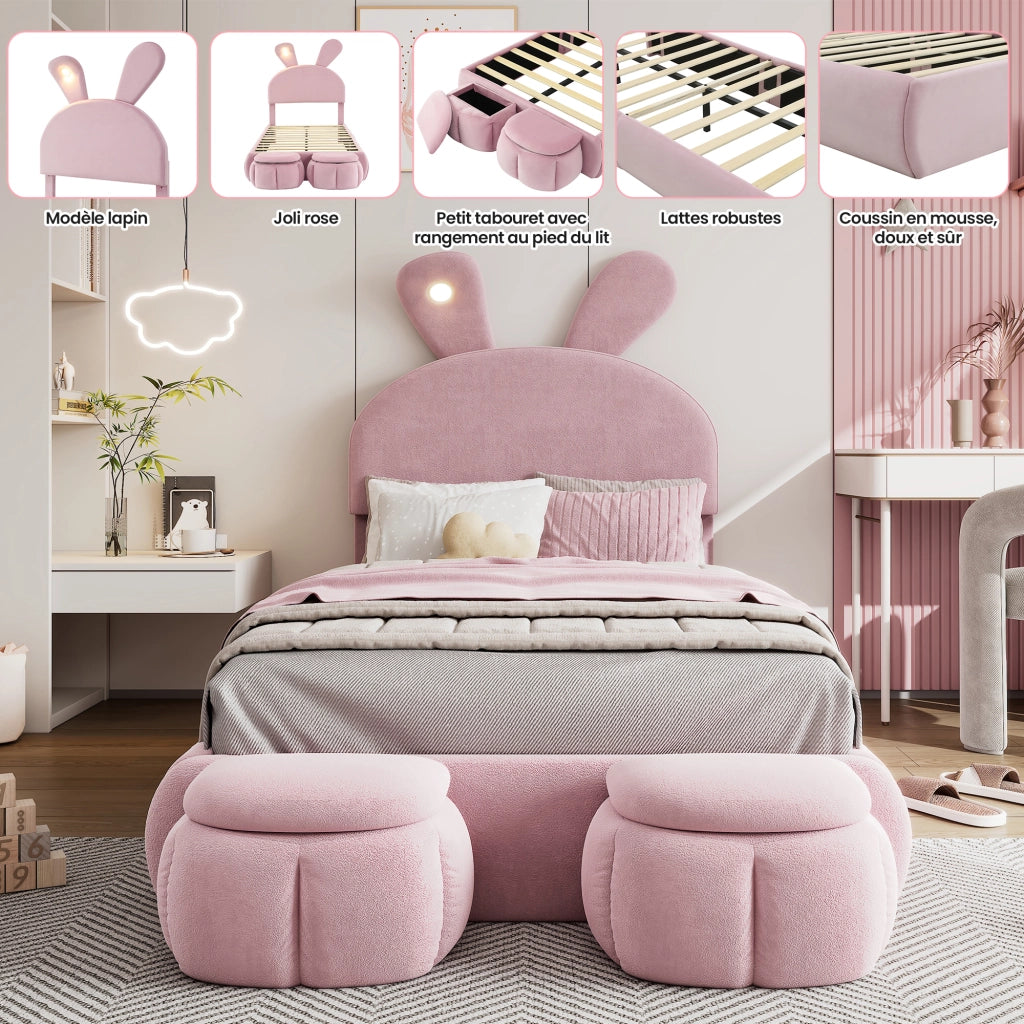 Letto Singolo 90x200 cm - LED Regolabile; 2 Pouf Contenitore e Testiera Regolabile - Rosa