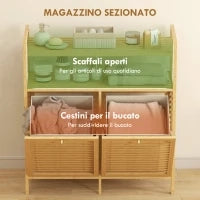Mobile Portabiancheria con 2 Cesti da 41L e 2 Ripiani, in Bambù e Poliestere, 82x33x88 cm, color Legno e Crema