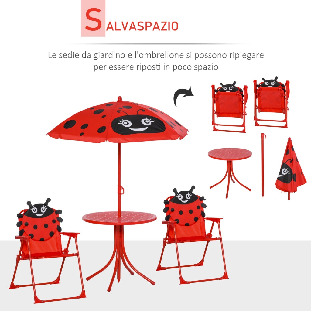 Set Tavolino e 2 Sedie Pieghevoli da Giardino per Bambini con Ombrello Rosso Coccinella