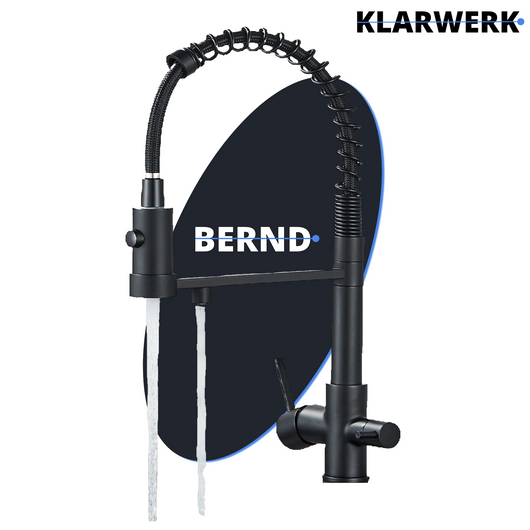 Bernd | Estera filtrante de 3 vías gastronomía negro mate|Grifo ósmosis acero inoxidable con resorte para cocina|monomando restaurante giratorio 360°