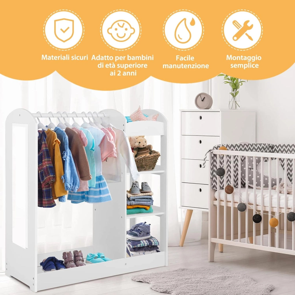 Guardaroba per Bambini in Legno, Mobile per Bambini con Specchio, Appendiabiti e Mensole, Armadio di Stoccaggio per Cameratta dei Bambini, 93,5 x 38 x 100 cm (Bianco)