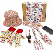 Collezione di giardinaggio 7 pezzi con cappuccio solare a doppia faccia e supporto per telefono cellulare - Attrezzi con disegno di fiori, guanti antiscivolo + scatola regalo | Regali per donne di giardino