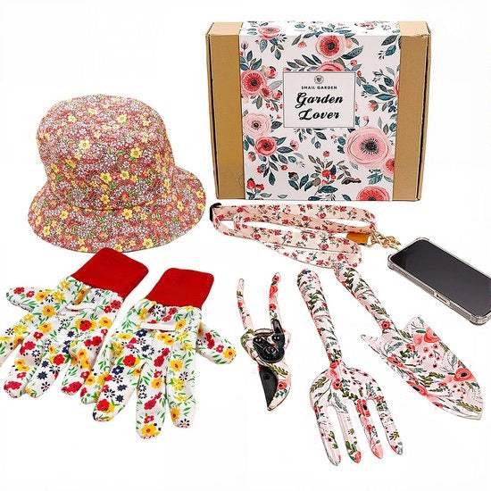 Collezione di giardinaggio 7 pezzi con cappuccio solare a doppia faccia e supporto per telefono cellulare - Attrezzi con disegno di fiori, guanti antiscivolo + scatola regalo | Regali per donne di giardino