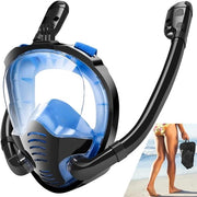 Duikmasker Panoramico a 180° - Sistema Doppia Tubo di Aria - Tecnologia Top senza Umidità - Copertura Totale del Viso - Per Snorkeling e Freediving - Nero Blu
