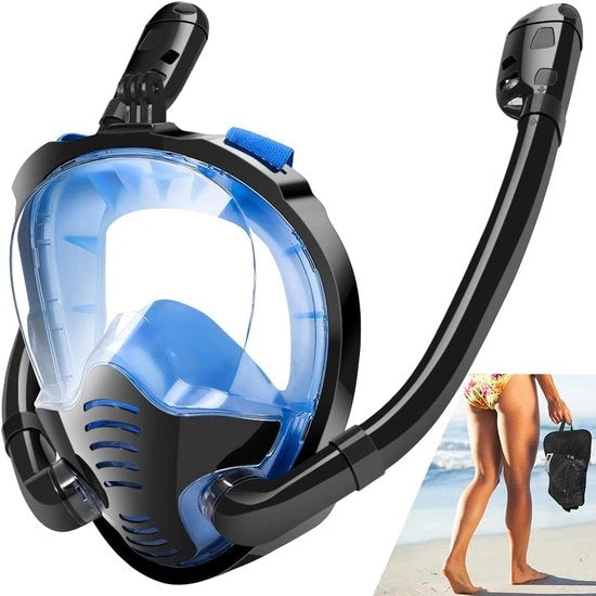 Duikmasker Panoramico a 180° - Sistema Doppia Tubo di Aria - Tecnologia Top senza Umidità - Copertura Totale del Viso - Per Snorkeling e Freediving - Nero Blu