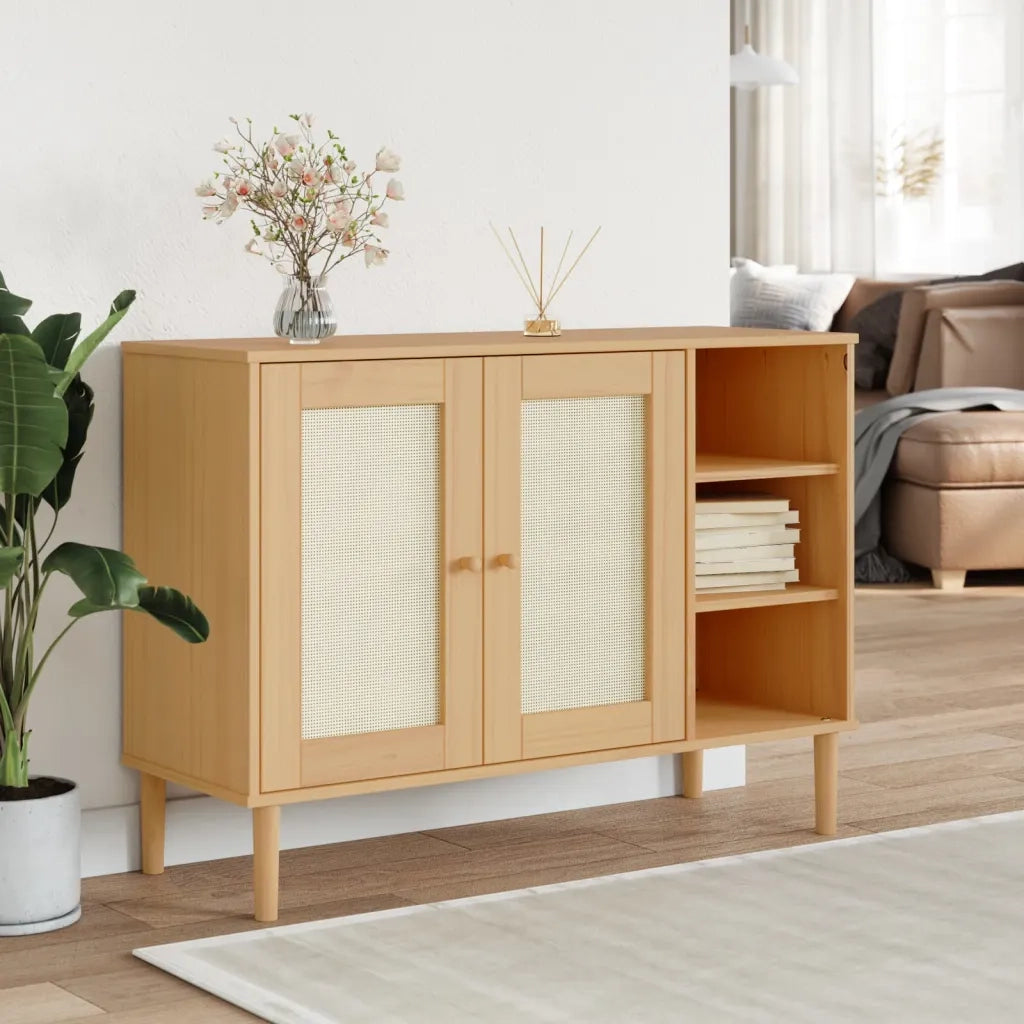 Credenza-Buffet-Armadio da cucina SENJA Aspetto Rattan 112x40x80 cm Legno Massello Pino 135878