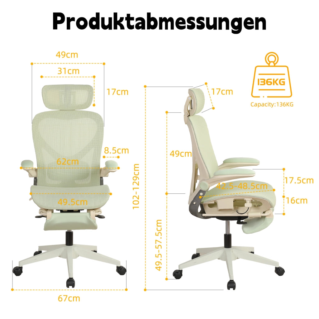 Sedia da ufficio ergonomica pieghevole con supporto lombare, poggiatesta 3D e braccioli ribaltabili in mesh verde