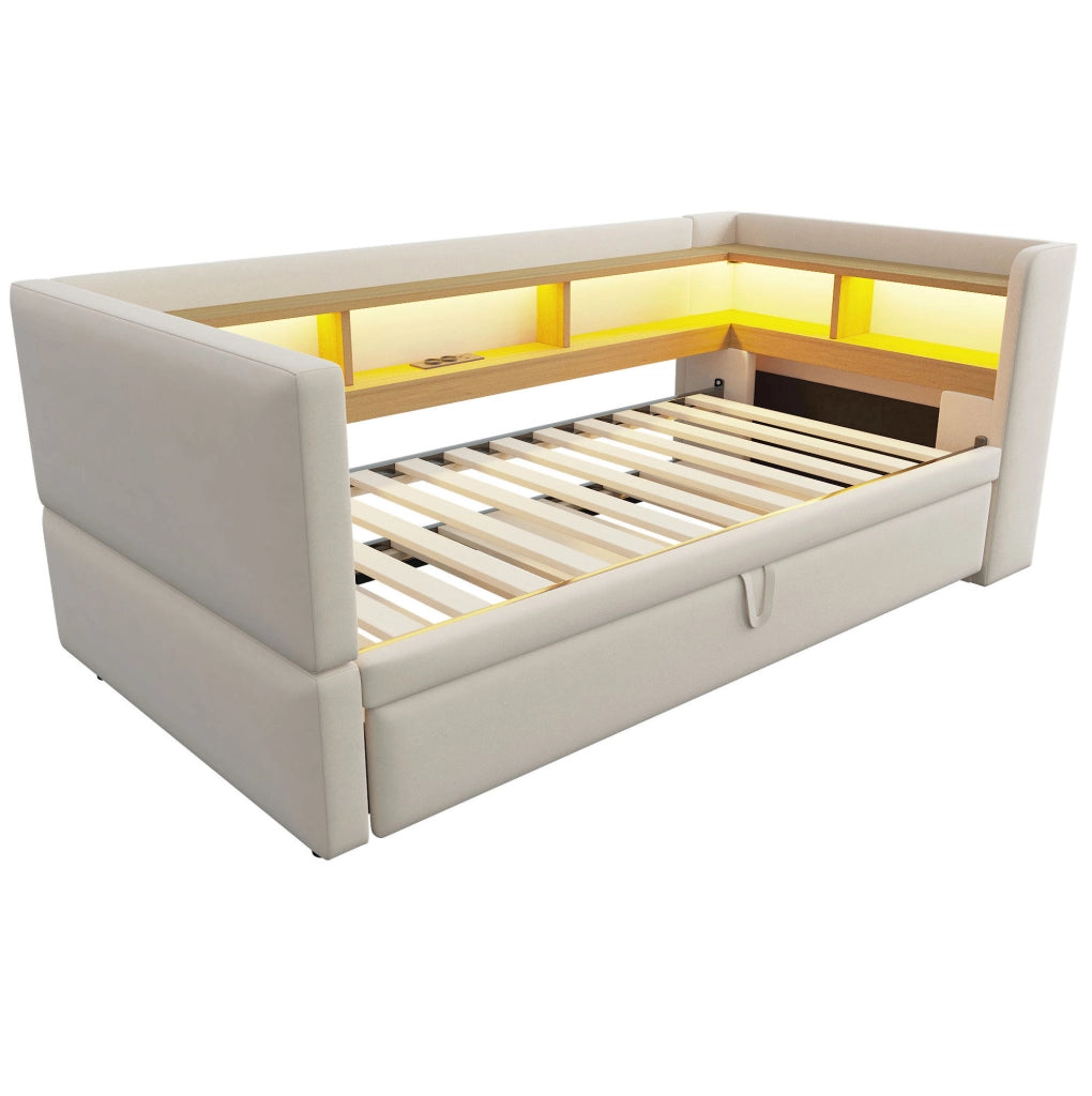Divano letto 90/180x190 cm con LED; prese e vani portaoggetti in flanella beige