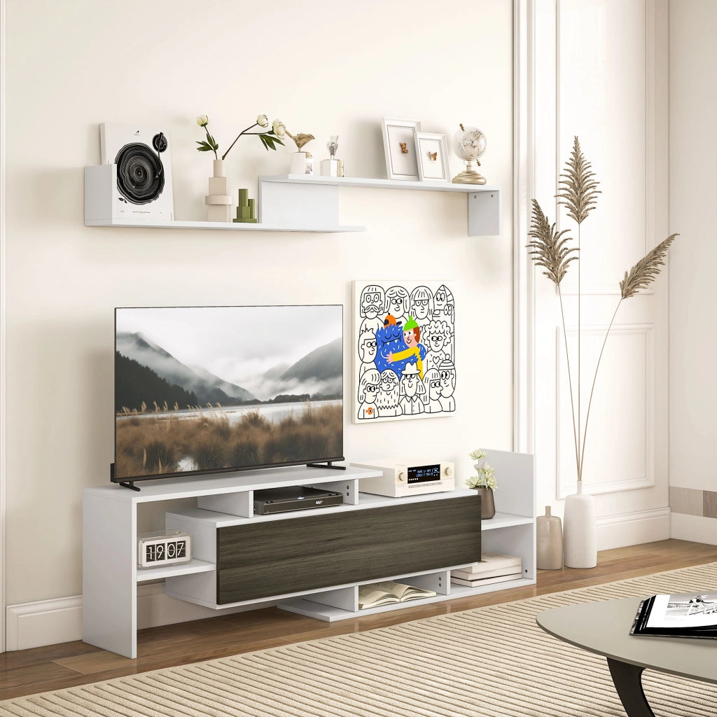 Mobile TV con Ripiani Aperti e Armadietto ¨C Zephmum ¨C Legno Bianco e Nero 120x30x