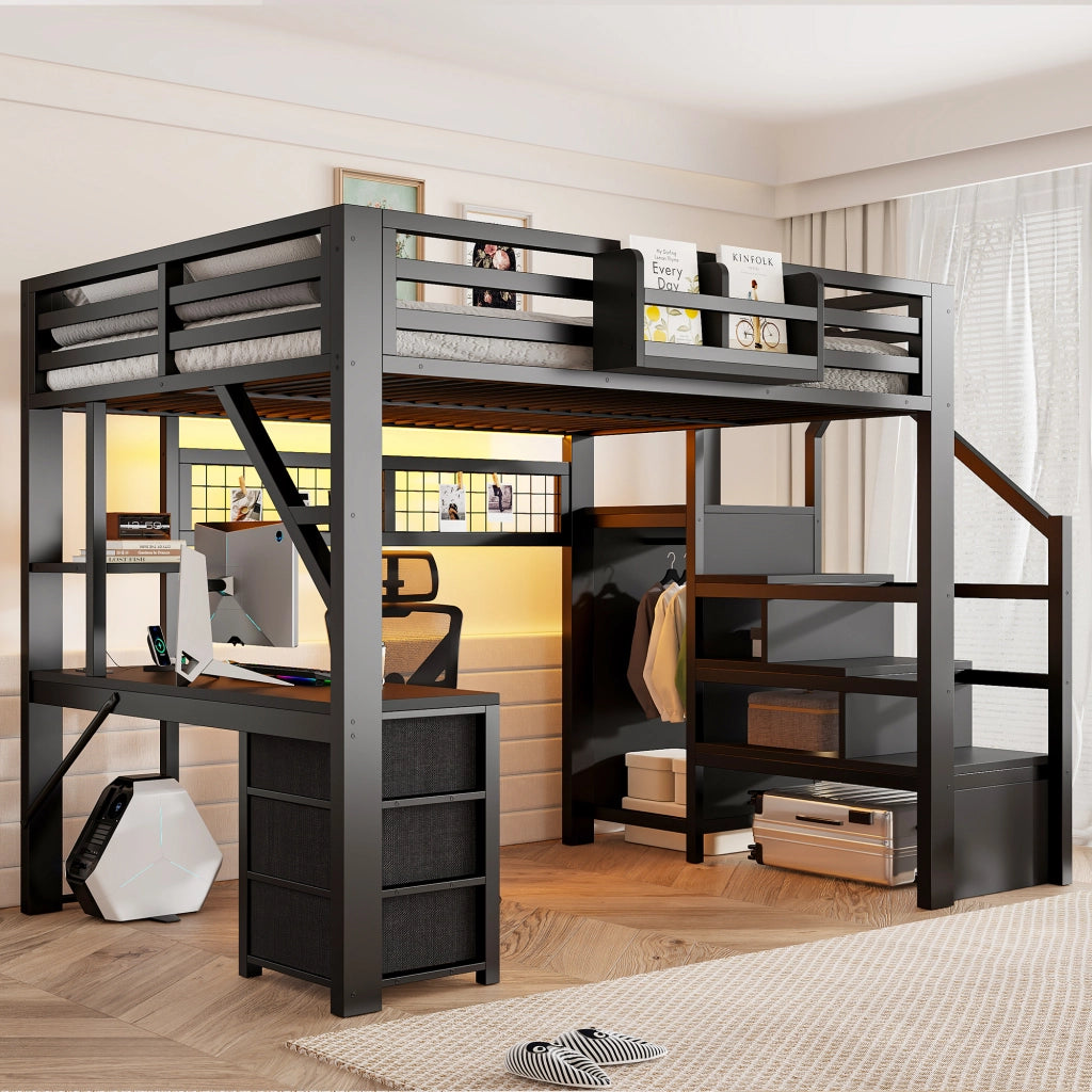 Letto a soppalco in metallo 140x200 cm con scrivania; 3 cassetti; mensole; armadio/guardaroba e LED; nero