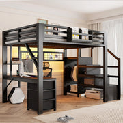 Letto a soppalco in metallo 140x200 cm con scrivania; 3 cassetti; mensole; armadio/guardaroba e LED; nero