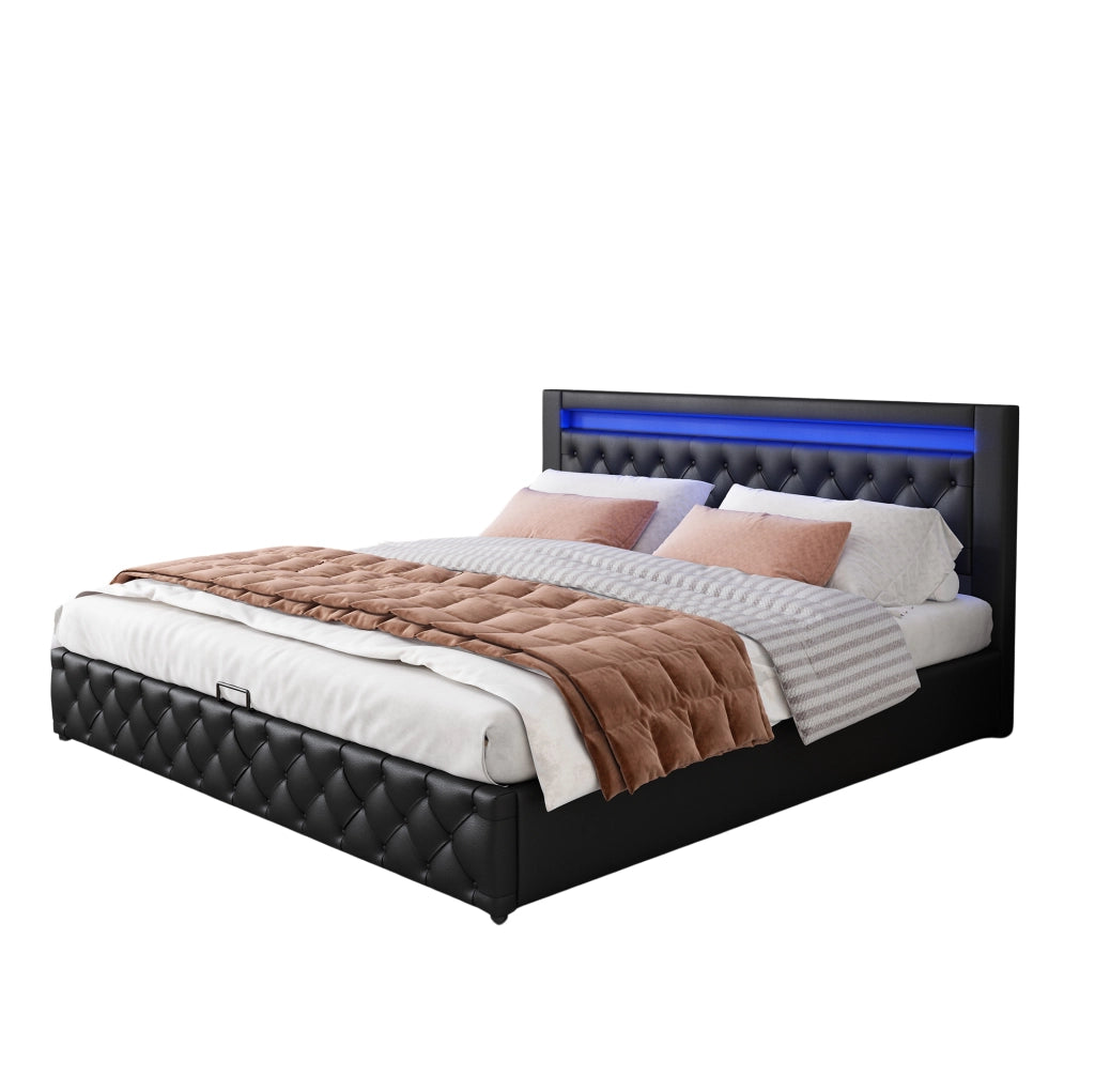 Letto imbottito 160x200 cm con contenitore e LED; in PU nero