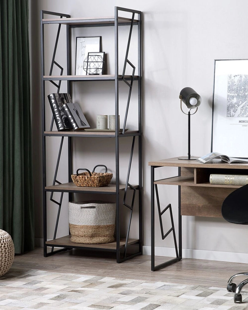 Libreria a 5 ripiani Scaffale industriale minimalista con struttura in legno scuro e metallo Nero