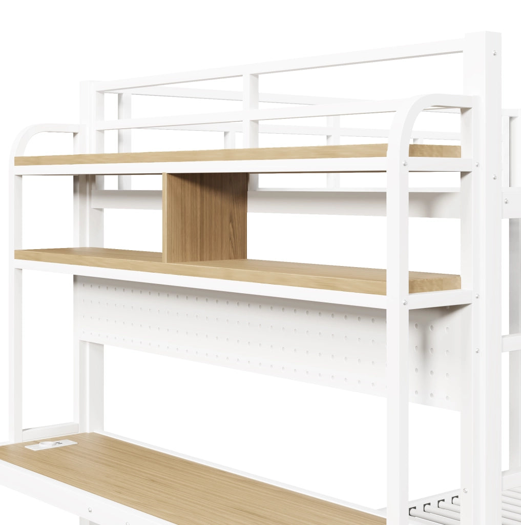 Letto a castello 140x200 cm in metallo e MDF; con scrivania; ripiani; LED e USB; bianco