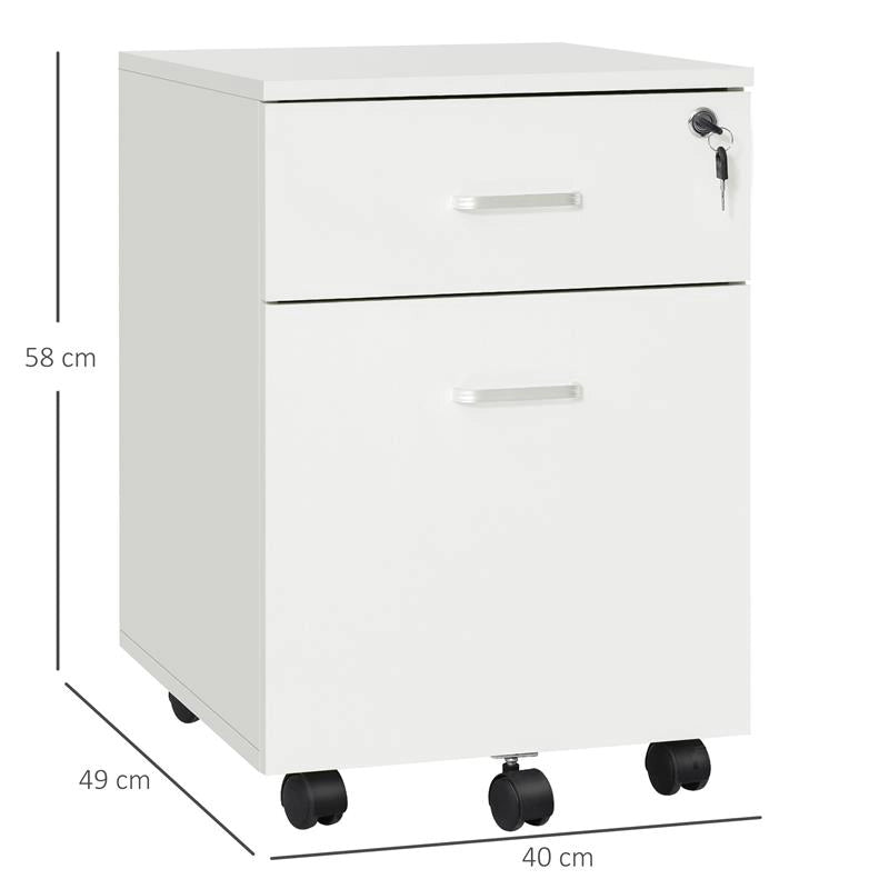 CASSETTIERA UFFICIO A 2 CASSETTI CON SERRATURA E 5 RUOTE, IN TRUCIOLATO, 40X49X58 CM, BIANCO