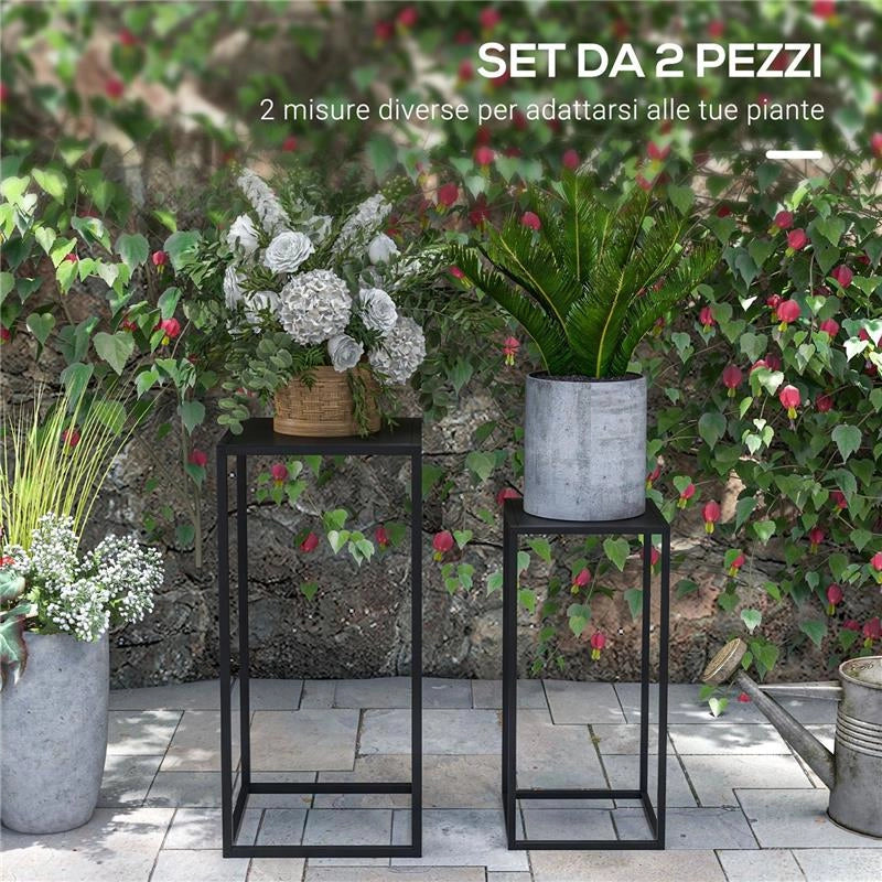 TAVOLINO PORTAPIANTE SET 2 PEZZI IN ACCIAIO PER INTERNI ED ESTERNI, 25X25X58.5 CM E 31X31X65 CM, NERO