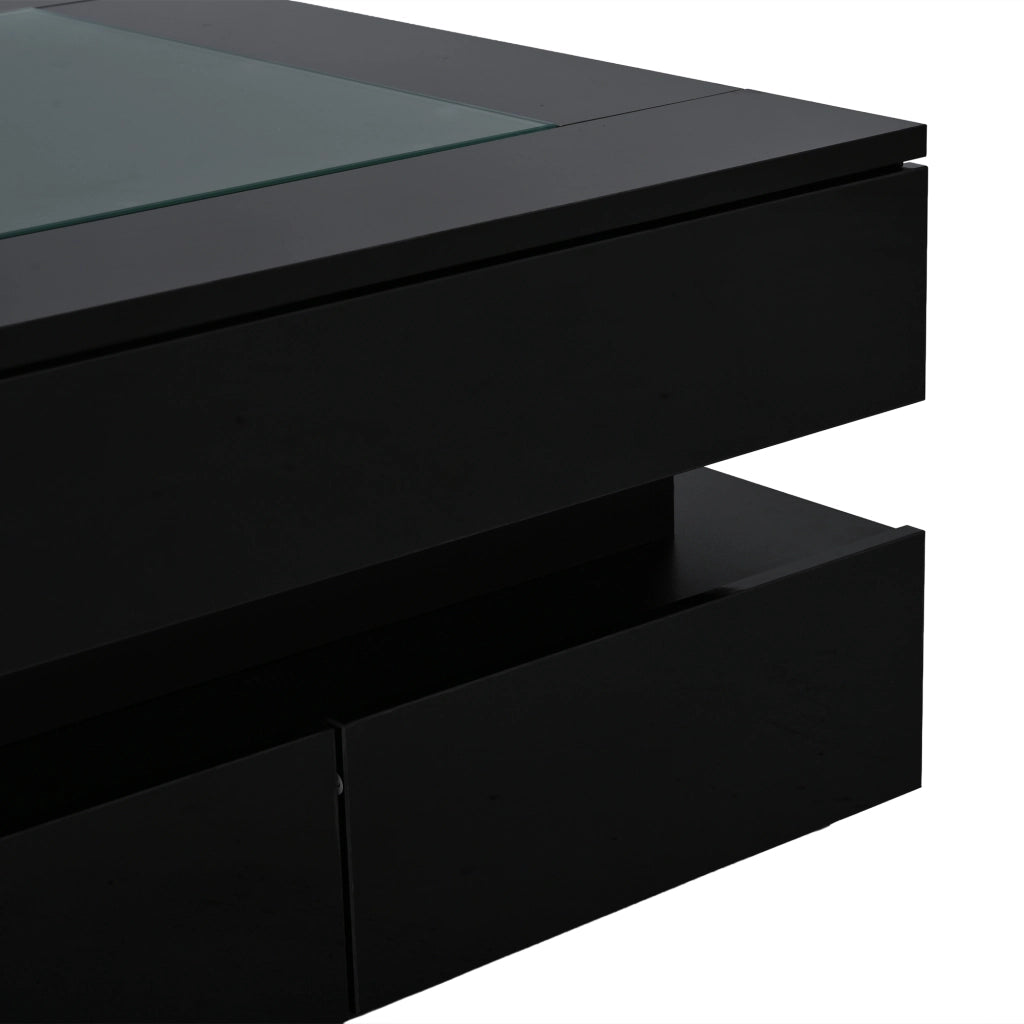 Tavolino da salotto quadrato 70 x 70 x 35 cm con piano in vetro, LED integrata e 3 cassetti, nero