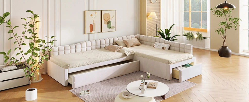 Letto combinato 90 × 200 cm con letto estraibile, 2 cassetti, senza materasso, in flanella beige
