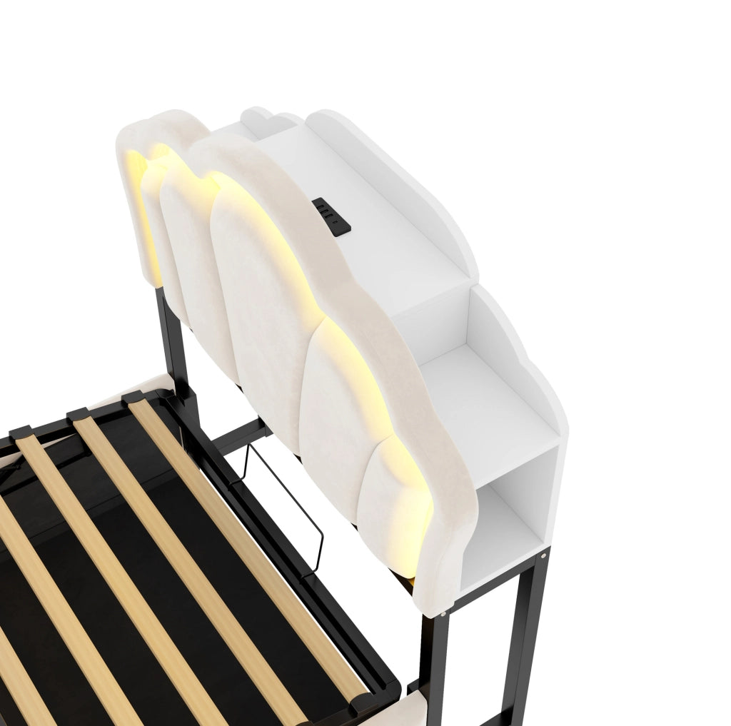 Letto imbottito 90x200 cm in velluto beige con contenitore idraulico; LED e prese integrate