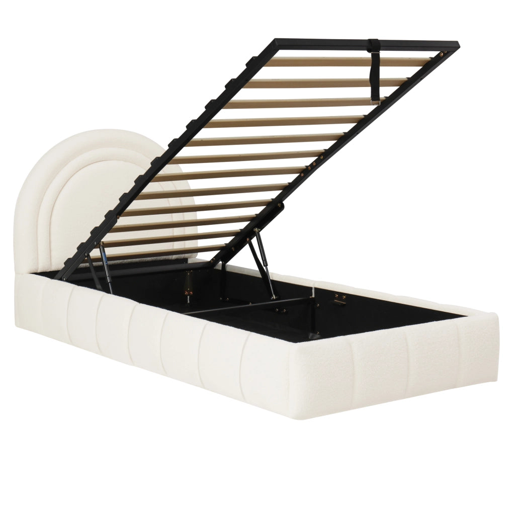 Letto per bambini imbottito 90x200 cm con rete a doghe, contenitore idraulico, bouclé beige