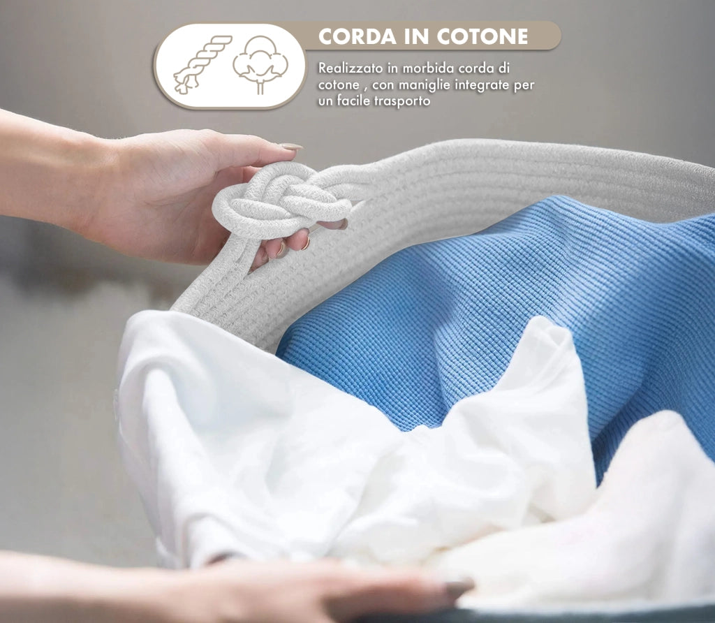 Set 2 Ceste Intrecciate In Corda Cesto Portabiancheria LItri  Pieghevole Cestino Grande XXL Con Manici Per Giochi Coperte Portaoggetti Organizer Contenitore Cameretta Bimbi  - Naturale