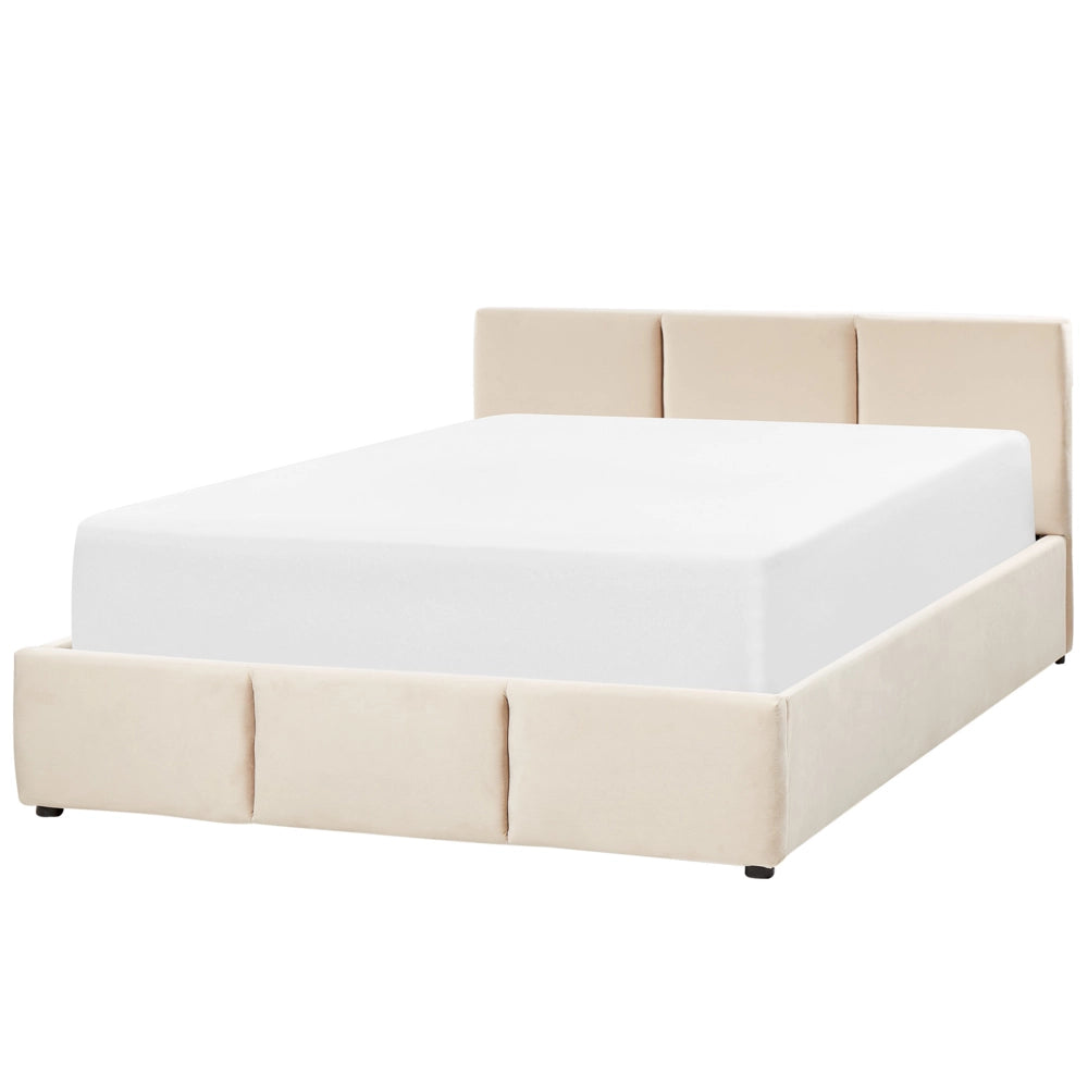 Letto Ottomano Beige Chiaro Velluto Tappezzato 140 x 200 cm Testiera Travestita Funzione Contenitore