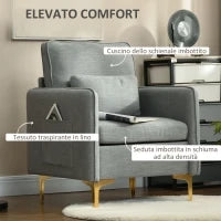 Poltroncina Moderna con Tessuto effetto Lino, Gambe in Acciaio e Tasche laterali, 72x72x90cm, Grigio