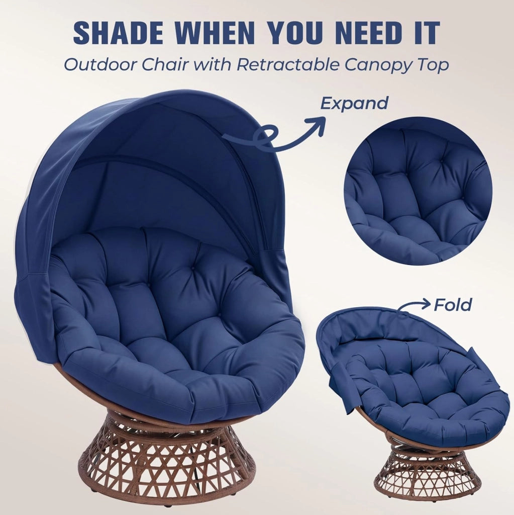 Poltrona da papasan, comoda poltrona girevole con cuscino rotondo, comoda poltrona in rattan, girevole, in vimini, per soggiorno, angolo lettura, lounge – blu