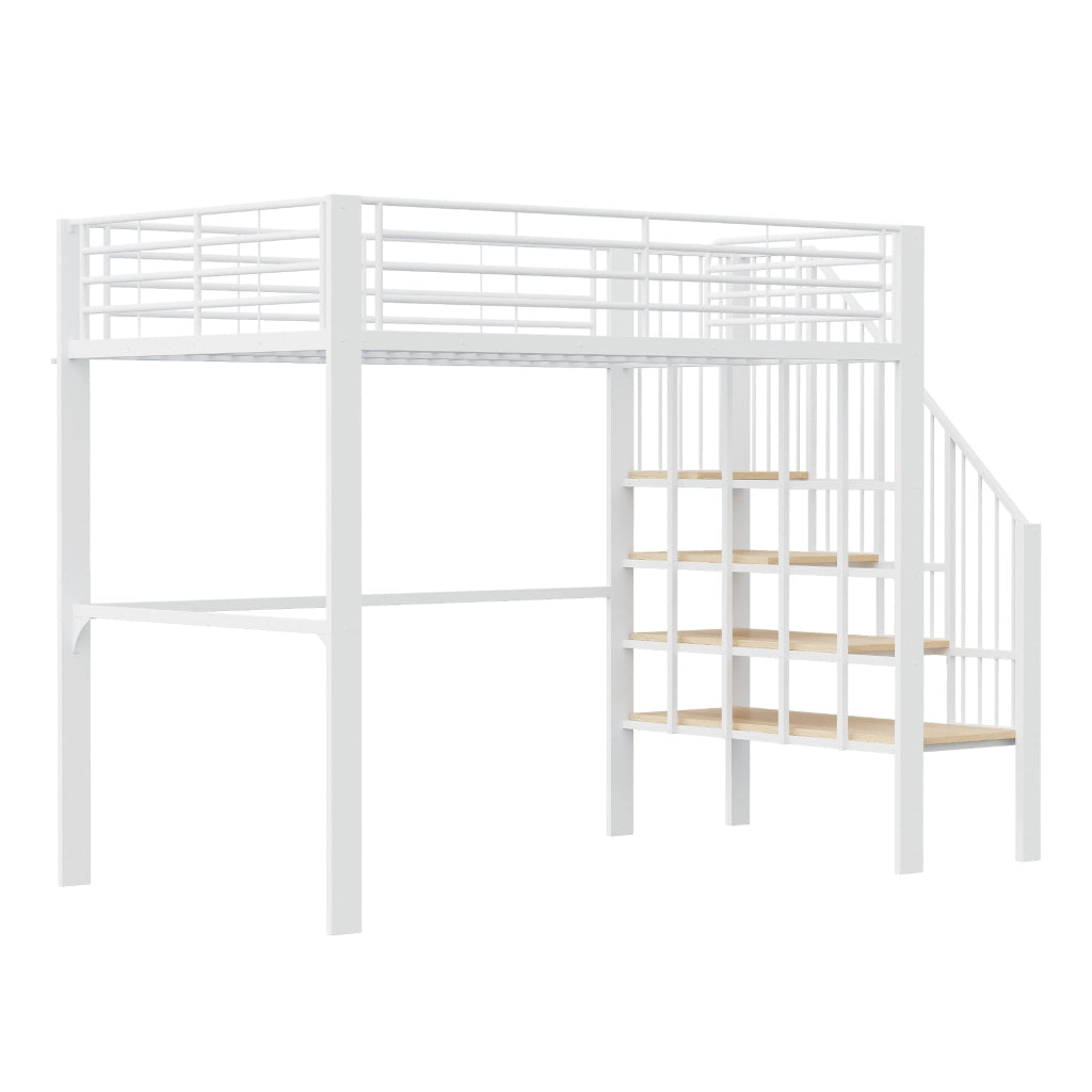 LETTO a soppalco 140x200 cm in metallo e legno bianco con scala