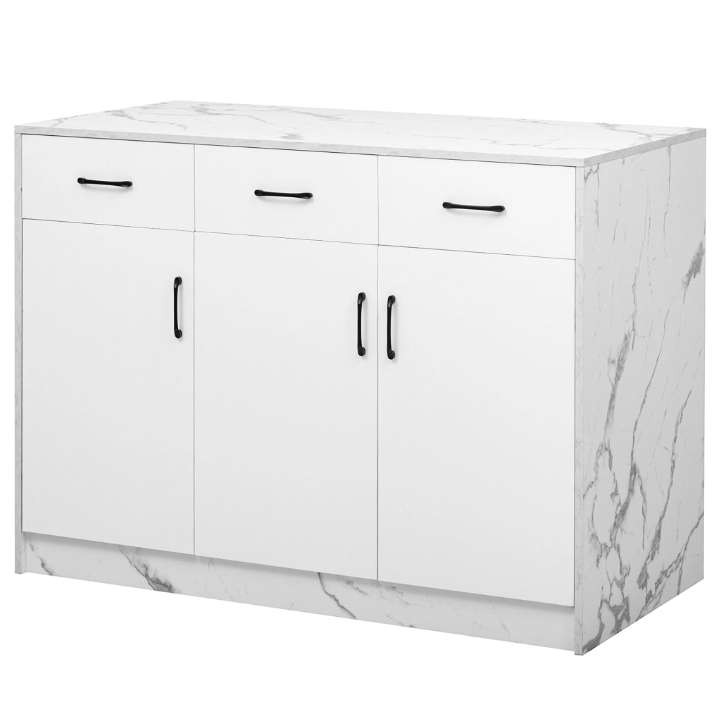 Isola da Cucina Fissa 120x60x90,5 cm Bianca Effetto Marmo con 3 Cassetti, 3 Ante e Zona Bar