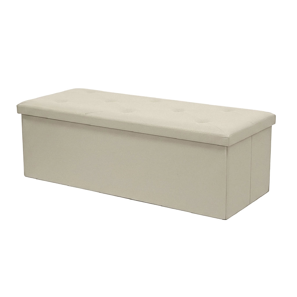 Panca Contenitore XXL 110 cm con Seduta Imbottita e Vano Salvaspazio, Pouf Contenitore Effetto Lino, Portata 150 kg, Cassapanca Pieghevole Off White