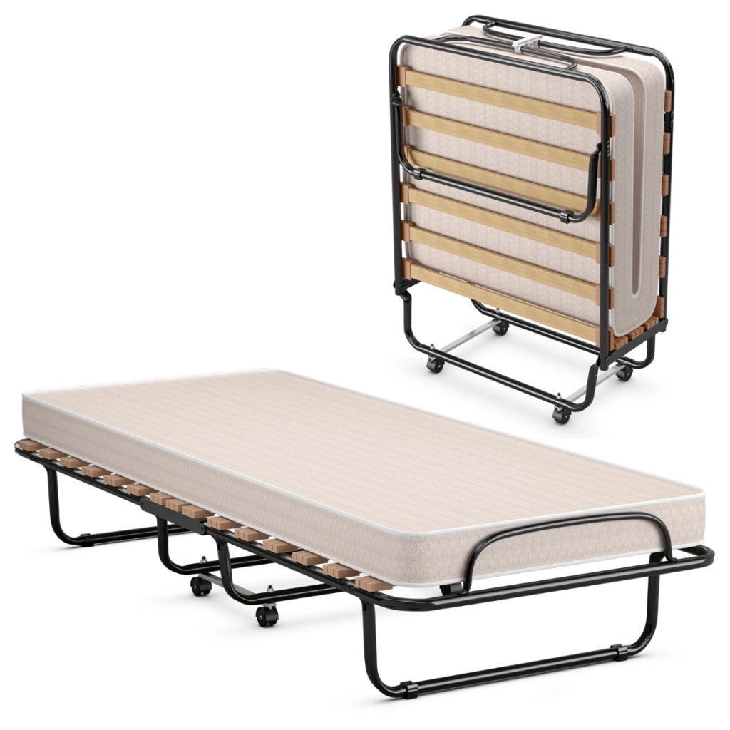 Letto pieghevole con materasso in memory foam spesso, Letto portatile con 4 ruote girevoli 190x80x33cm Beige-Letti e strutture