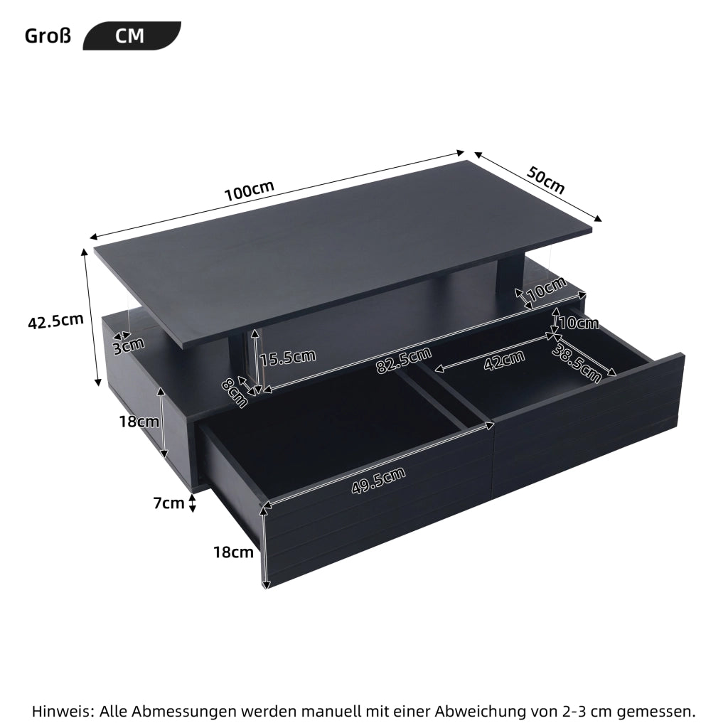 TAVOLO DA CAFFÈ LED 100x50x42 cm in acrilico nero con 2 cassetti