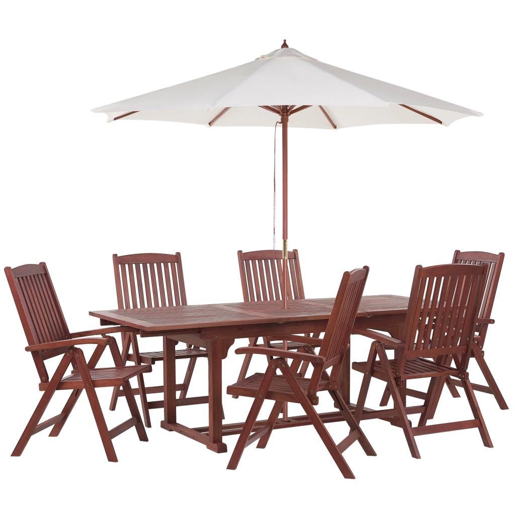 Tavolo da pranzo da giardino in legno di acacia con ombrellone Tavolo allungabile 6 sedie con schienale pieghevole in stile rustico