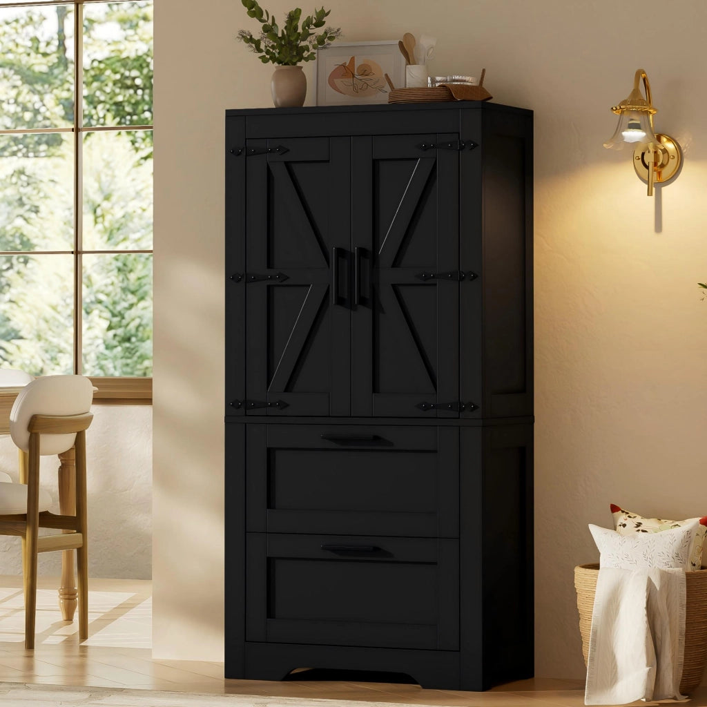 Credenza alta da cucina in stile rustico, con 2 cassetti, ripiani regolabili, struttura autoportante, colore nero