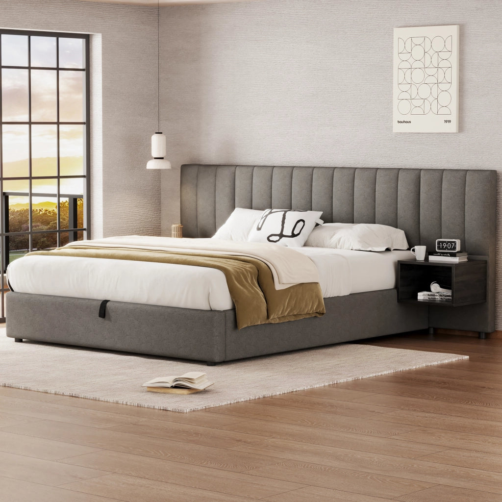 OKWISH Letto contenitore 160×200 cm, Letto Matrimoniale con Sollevamento Idraulico, 2 Comodini e Doghe in Legno, senza Materasso, Lino Grigio Nero