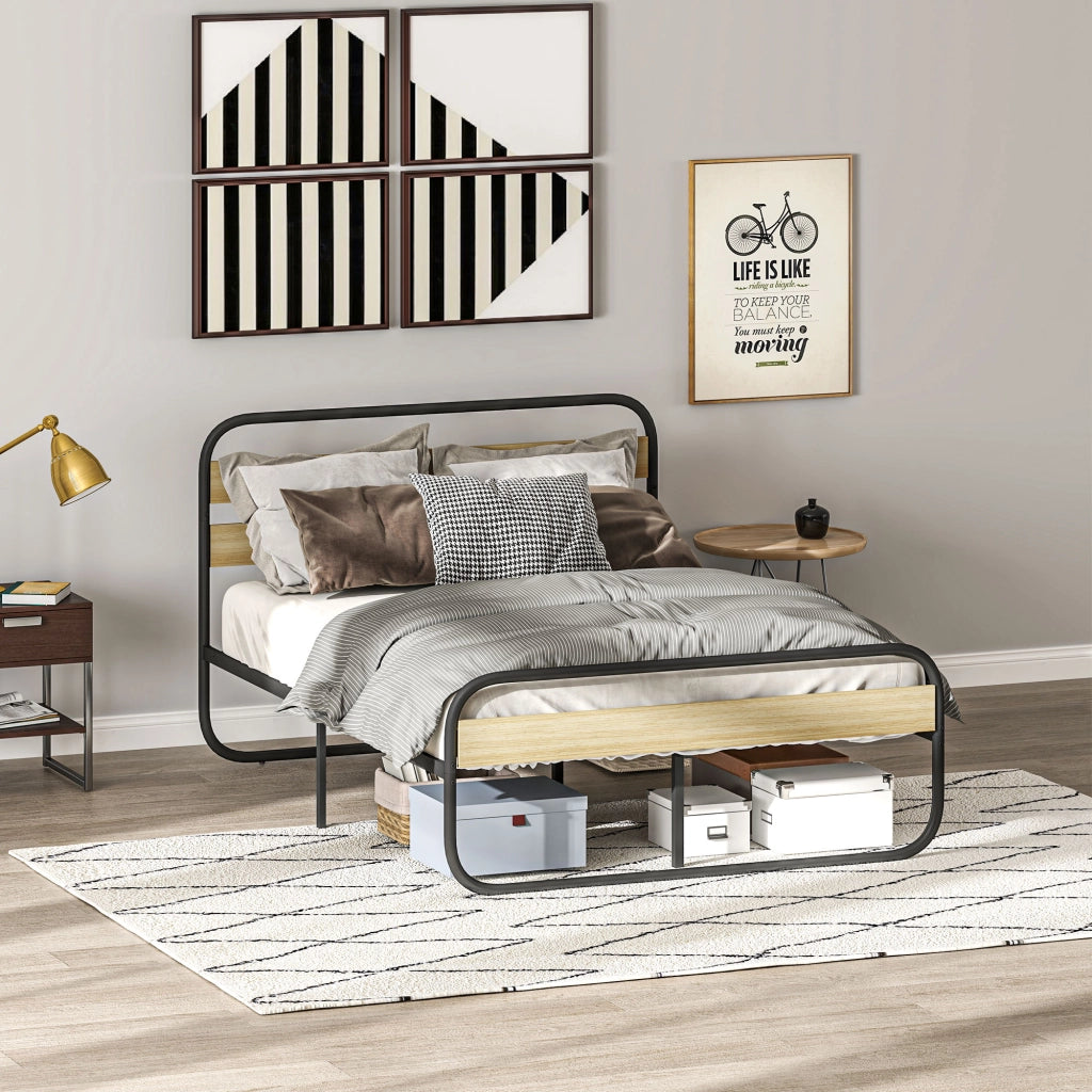 Letto Matrimoniale ¨C Zephmum ¨C Struttura in Acciaio Stile Industriale con Testiera e Rete, Aspetto Legno 140x190 cm