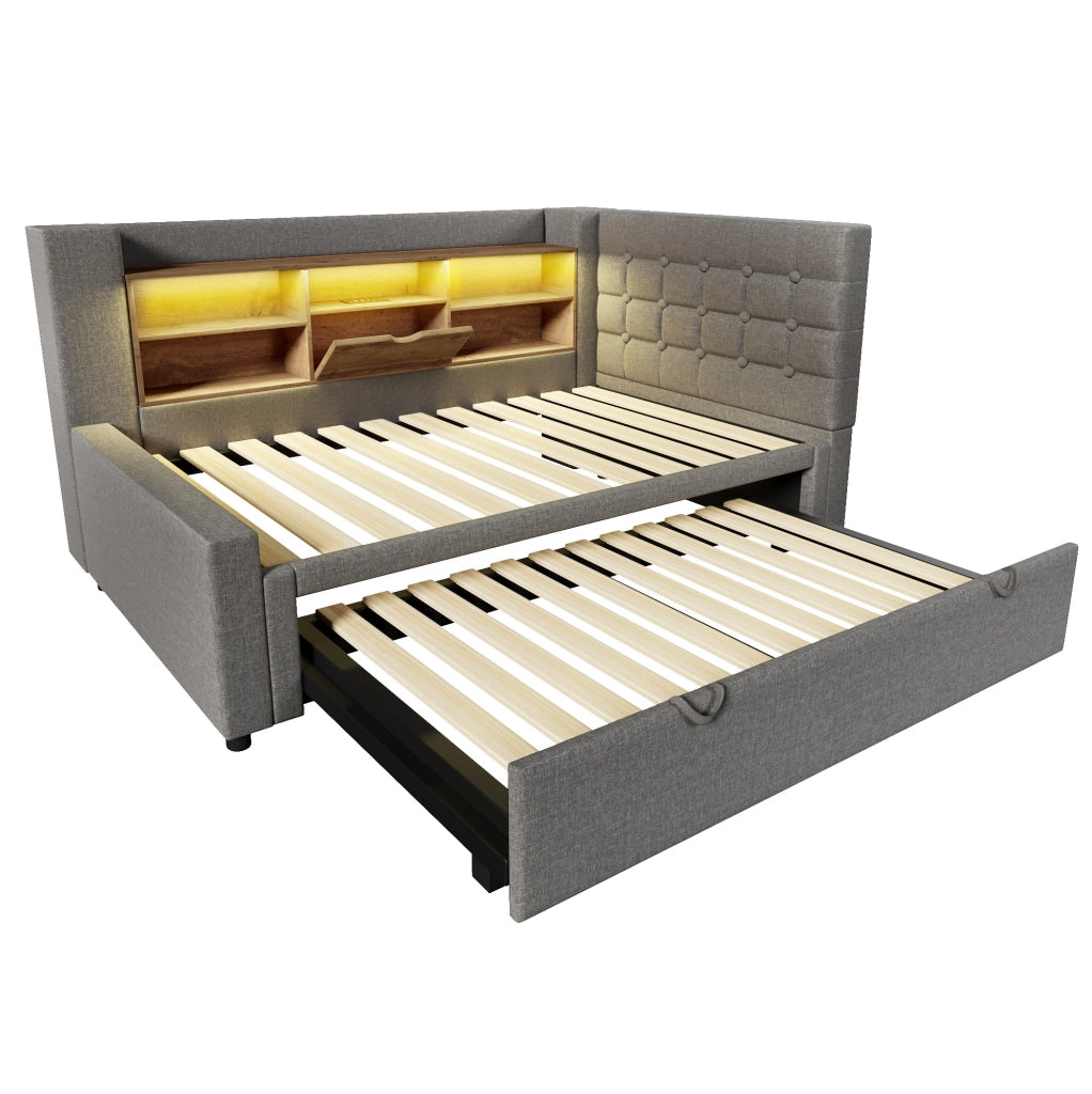 Letto imbottito estraibile 90x200 cm con LED; USB-A e USB-C; grigio