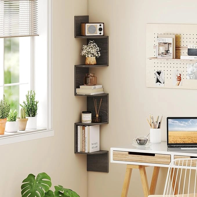 Scaffale Angolare a 5 Livelli, Scaffale Sospeso a Muro, Organizzatore di Stoccaggio a Parete, Espositore in Legno per Soggiorno Camera da Letto e Cucina, 20 x 20 x 126 cm (Grigio)