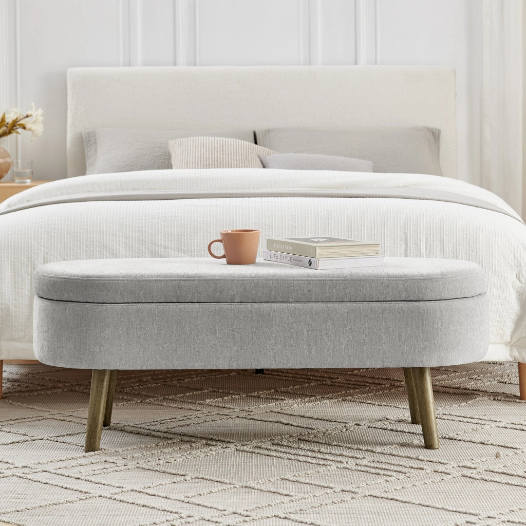 Panca contenitore con coperchio a gas - in chenille e legno - grigio - 110 × 40 × 42 cm