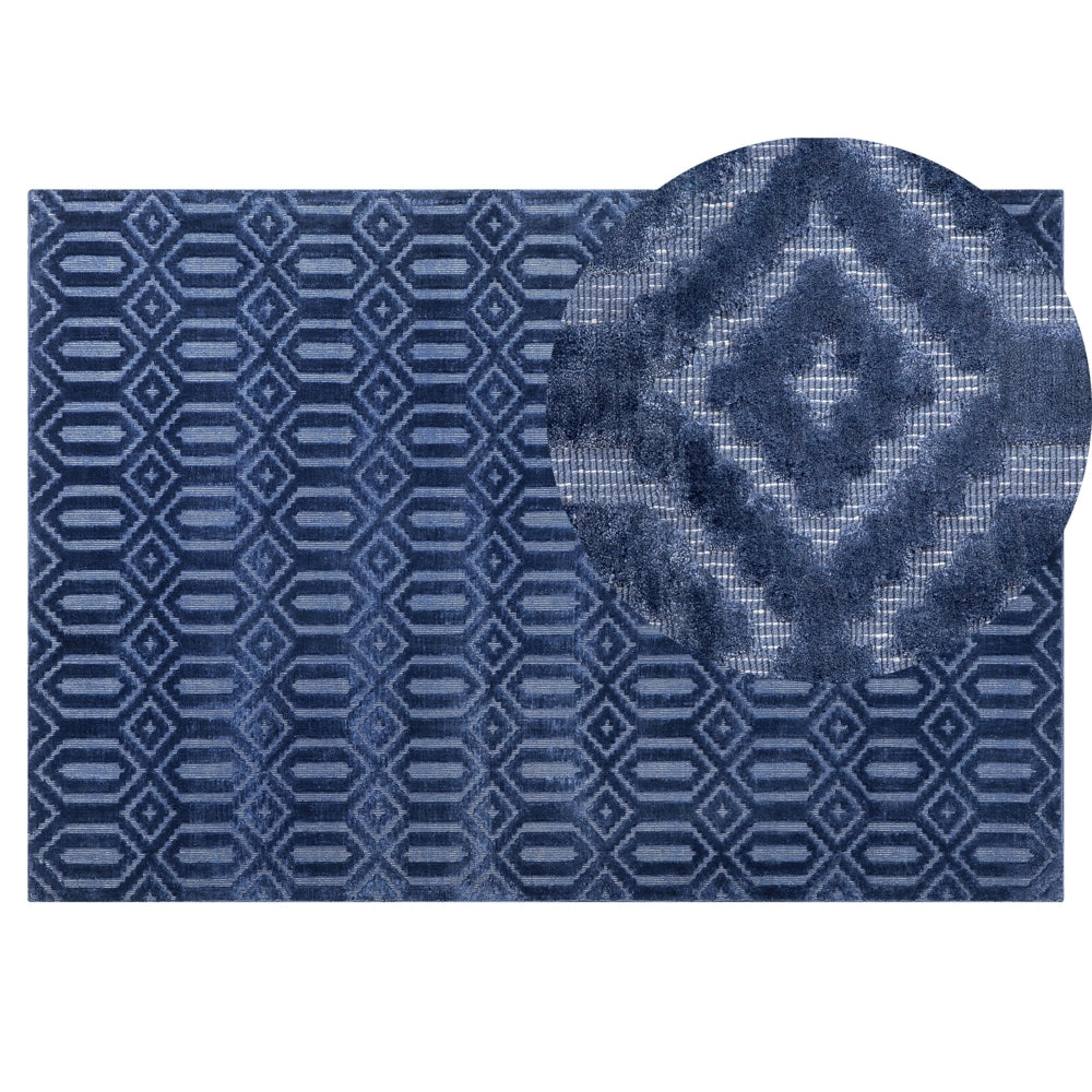 Tappeto Blu Viscosa 140 x 200 cm Motivo Geometrico Tessuto a Mano Flatweave