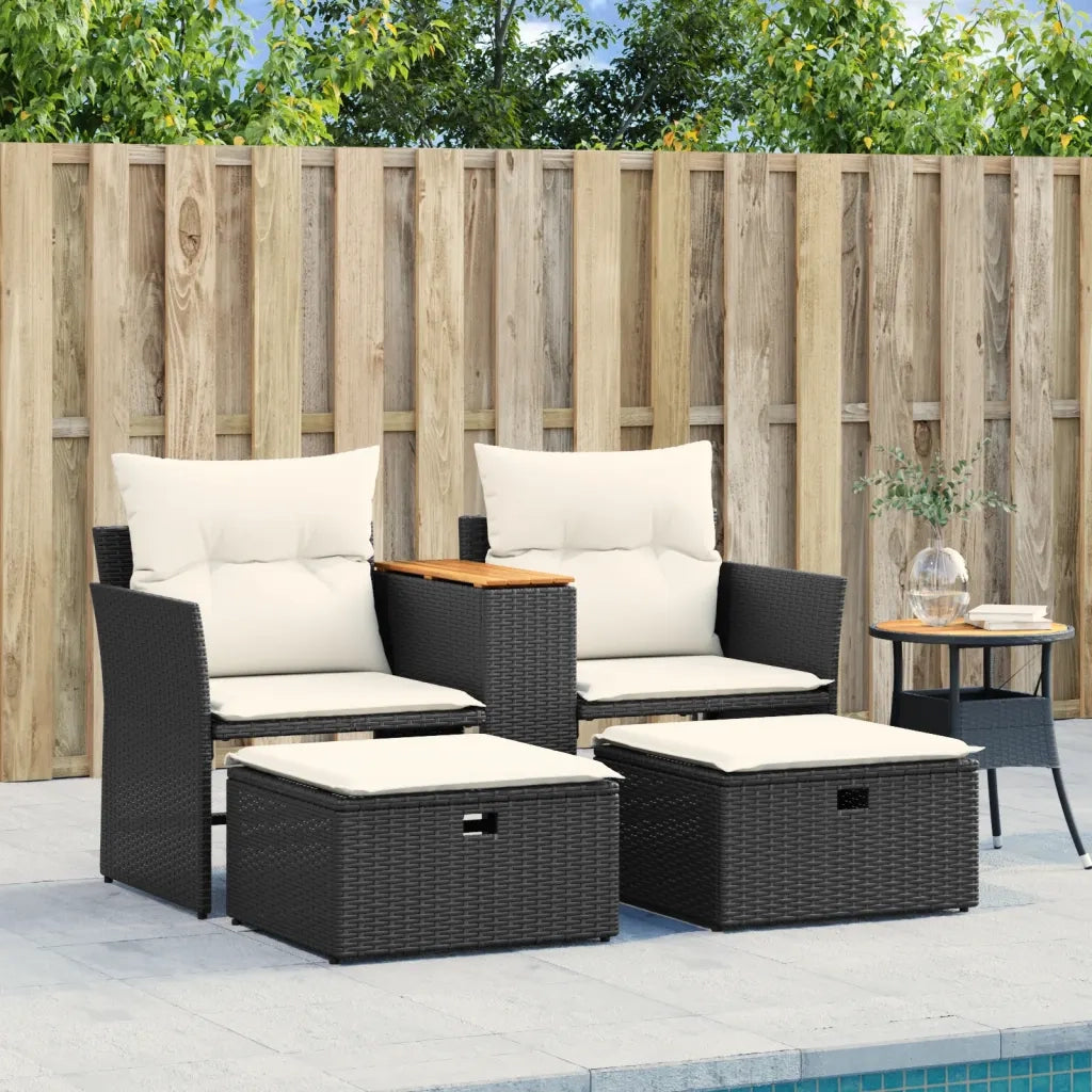 Divano da Giardino 2 Posti con Sgabelli-Sofa da Giardino-Divano da esterno Nero in Polyrattan 824080