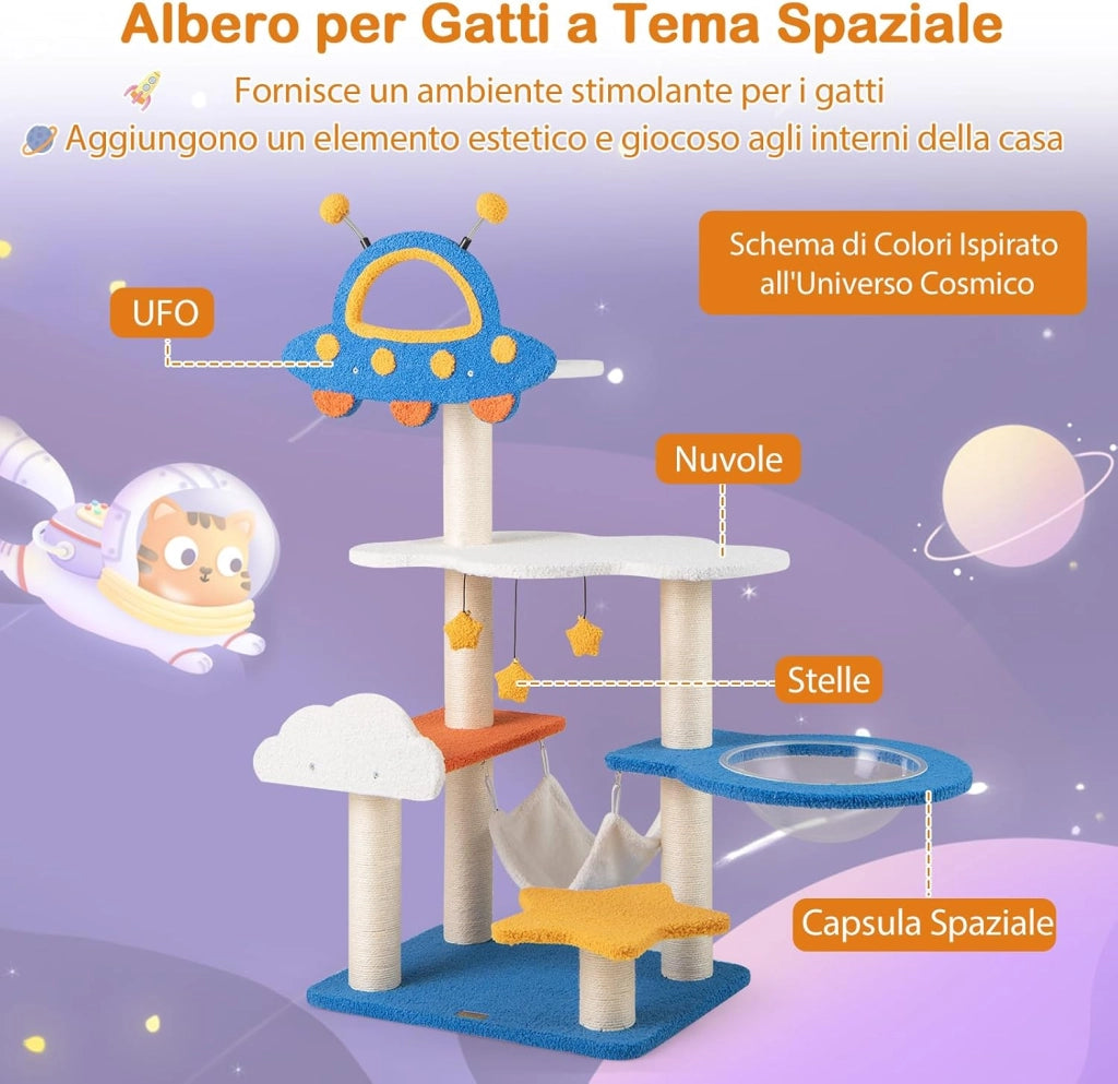 Tiragraffi per Gatti a Tema Spaziale, Albero per Gatti con Piattaforma a UFO e Pali in Sisal, Torre per Animali Domestici Interno (58 x 45 x 124cm)
