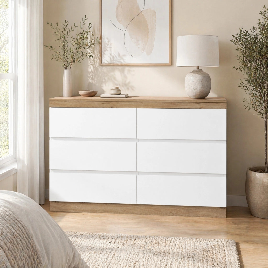 Cassettiera a 6 cassetti bianco e rovere, in truciolare E1, design classico con ampio spazio contenitivo